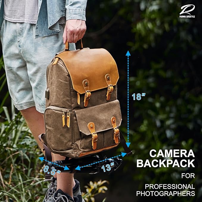 Padwa Lifestyle Khaki Camera Backpack - Waxed Memory Weather Resistant Canvas Camera Bag, Multi DSLR SLR Large Camera Backpacks for Photographers with 16” Laptop & Lens Compartment and Tripod Holder