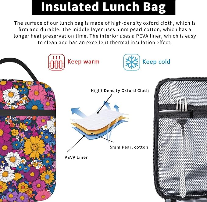 Floral Insulated Lunch Box for Women Men Floral Lunch Bag for Travel,or Fishing Polyester Floral Lunch Box