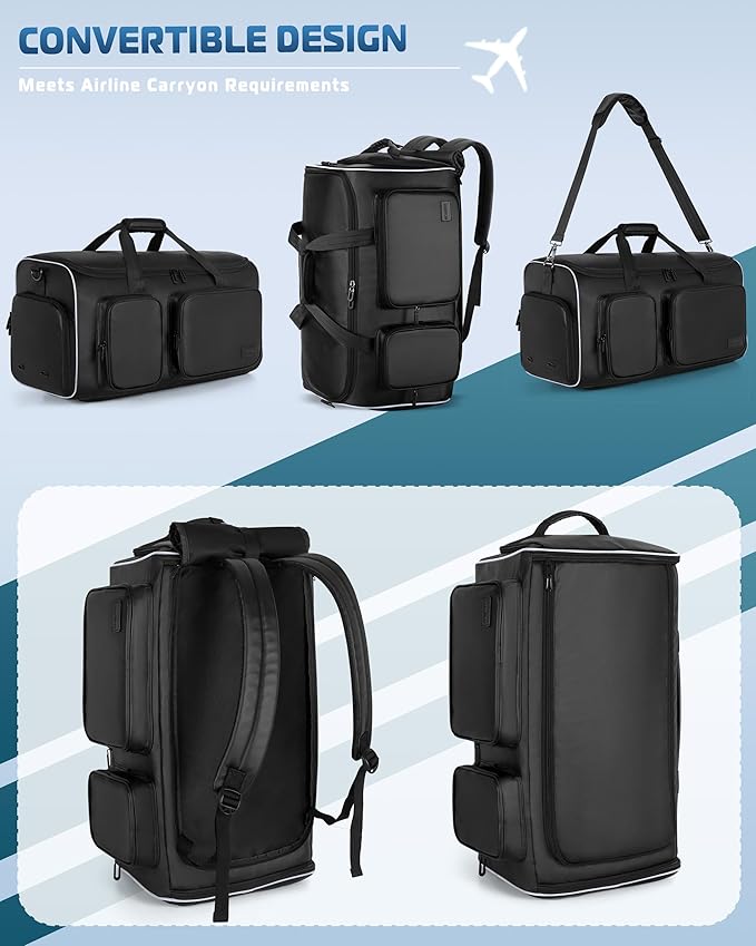 50L Convertible Garment Duffle Bag Backpack with Inner Removable Bag and Shoe Compartment, Travel Suit Bag for Business or Wedding Trips, Black