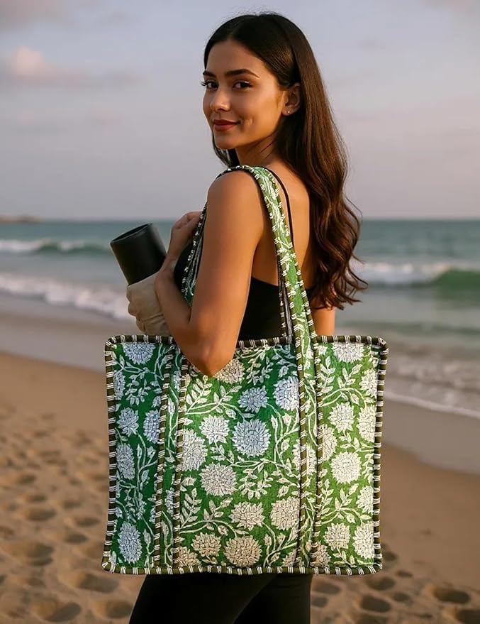 Cotton Quilted Tote Bag for Women – Large Beach & Travel Tote with Zipper, Reusable Grocery Bag