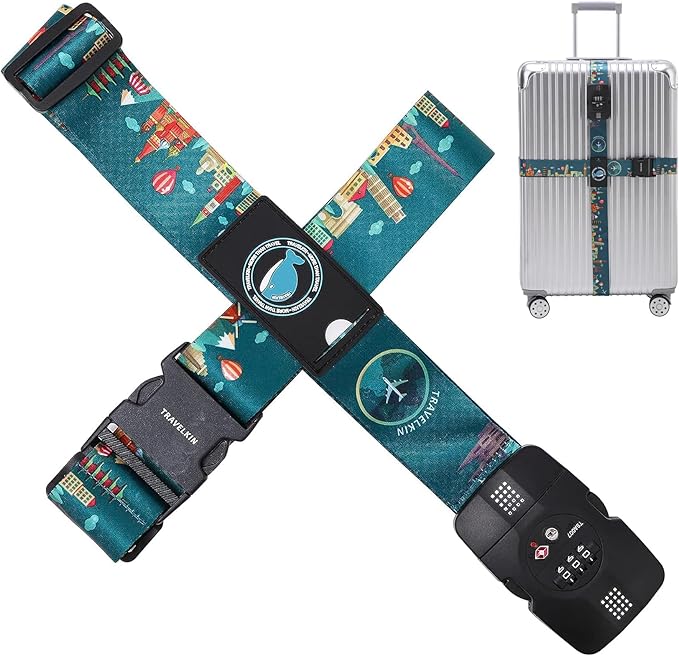 Travelkin Luggage Straps TSA Approved - Adjustable Cross Suitcase Straps with TSA Lock, Reinforced Buckle, Unique Pattern - Secure Heavy Duty Luggage Straps for Travel (Green)