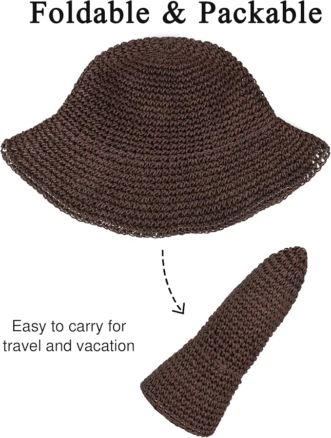 Womens Wide Brim Straw Sun Hat Foldable Floppy Crochet Beach Hat for Summer