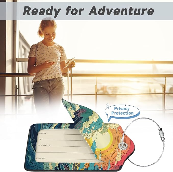 2 Pack Luggage Tag for Suitcase, Waves Sunrise Leather Bag Tags Identifiers Privacy Cover ID Label with Durable Steel Loop for Women Men Kids Girls Travel