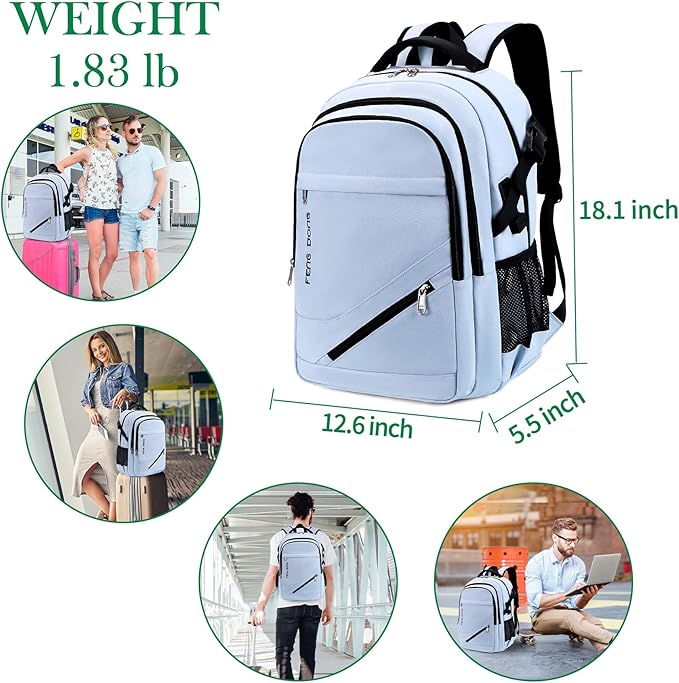 FENGDONG 17.3 inch Large Laptop Backpack Durable Waterproof Travel College Backpack Bookbag for Men & Women Business Backpack with USB Charging Port,Headset Port Light Blue