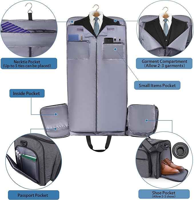 Garment Duffle Bags for Travel, YKK Zippers Carry On Convertible Suit Bag with Waterproof Compartment & Shoe Compartment & Shoulder Strap