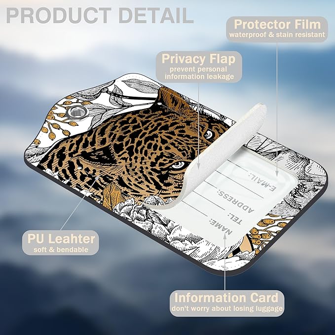 Leopard and Peony Flower Set of 2 Luggage Tags for Suitcases Leather Suitcase Tags Identifiers with Privacy Name Address Label and Stainless Steel Loop for Women Men Travel Luggage Accessories