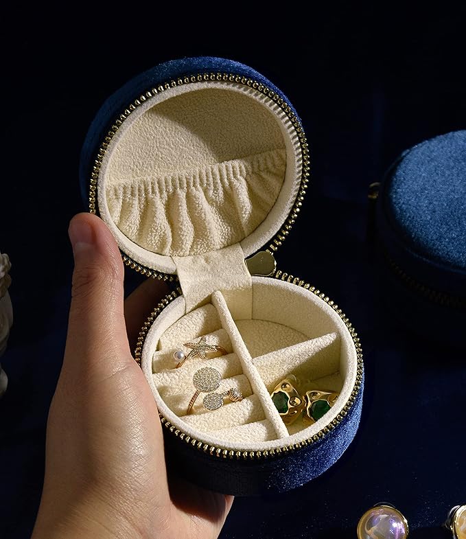 TAIMY Velvet Travel Jewelry Box, Round Small Travel Jewelry Case for Women Girls, Portable Mini Jewelry Travel Organizer Boxes for Rings Earrings Necklaces Bracelets(Navy Blue) 3.15x3.15x1.57in