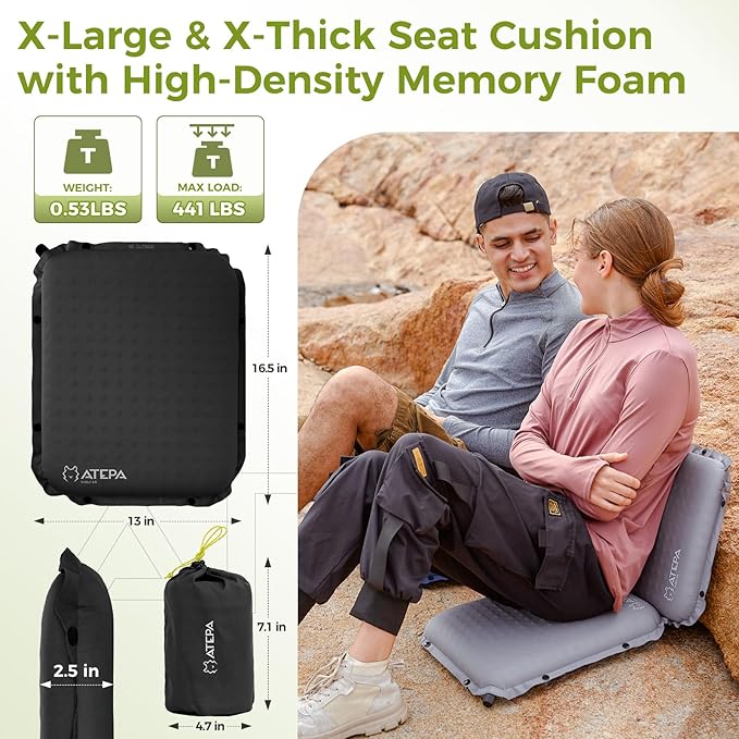 ATEPA Inflatable Stadium Seat Cushion, Self-Inflating Memory Foam Stadium Seats Bleacher Seat Chair Cushion Pad for Airplane Travel Backpacking Sports Events