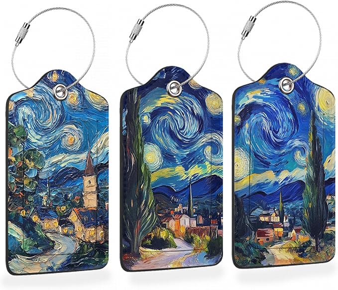 Starry Night Swirl 3 Pack PU Leahter Luggage Tag with Stainless Steel Loop, Retro Style Starry Village Travel Suitcase Labels with Privacy Cover ID Label Quickly Spot for Bags