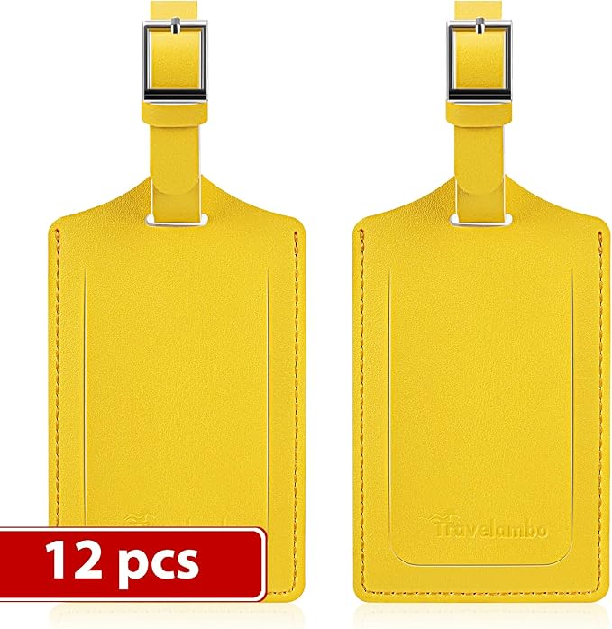 Travelambo Luggage Tags for Suitcases Faux Leather Privacy Protection 12 Pack Bag Tags Travel Accessories Essential, Energetic Yellow