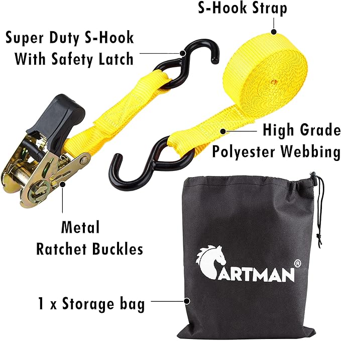 Cartman Ratchet Tie Down, 8Pk 15Ft, 500Lbs Load Cap/ 1500Lbs Break Strength, Cargo Straps for Moving Appliances, Lawn Equipment, Motorcycle in a Truck, with Carry Bag