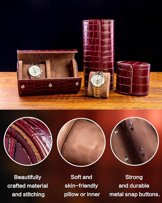 MR.OKAY 2 Watch Travel Case- Classic Leather Watch Case With Superb Texture.(Portable Watch Roll Or Organizer For Storage And Display).Festival Gift For Men, All Handcrafted By Artisans.