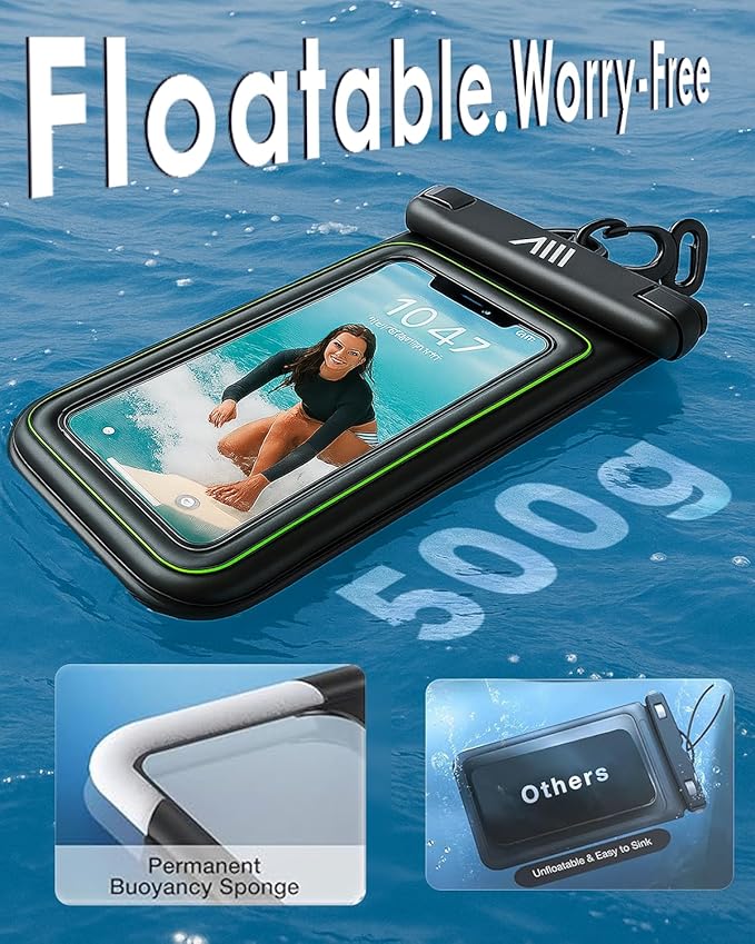 【2025 Upgraded】 4 Pack Black - IP68 Waterproof Phone Pouch Floating Design No Sink Waterproof Phone Case - Beach Pool Travel Essentials - Works w/All Phones - Detachable Lanyard - Black/Hi-Vis Green