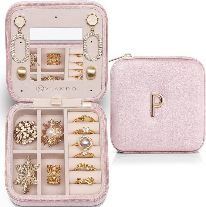 Vlando Jewelry Organizer Box, Small Jewelry Box for Women Girls, Initial P Travel Jewelry Case, Small Jewelry Organizer Box, Mini Travel Jewelry Box - Letter P, Pink
