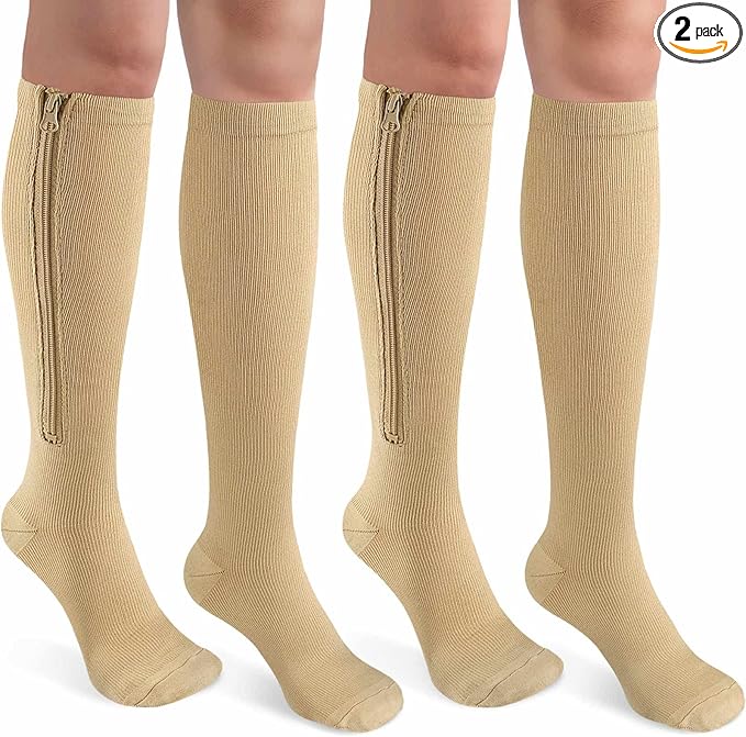 CASMON 2 Pairs Zipper Compression Socks for Women & Men,15-20 mmHg Closed Toe Knee High Support Sock for Varicose Vein Edema