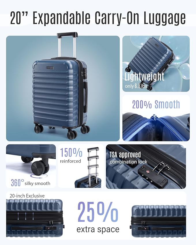 LIGHT FLIGHT Luggage Sets, Carry On Luggage 22x14x9 Airline Approved, Carry On Travel Bag Suitcases with Wheels, Expandable Hardside Lightweight Rolling with TSA Lock 2-Piece Set (DB/20),Rose Purple