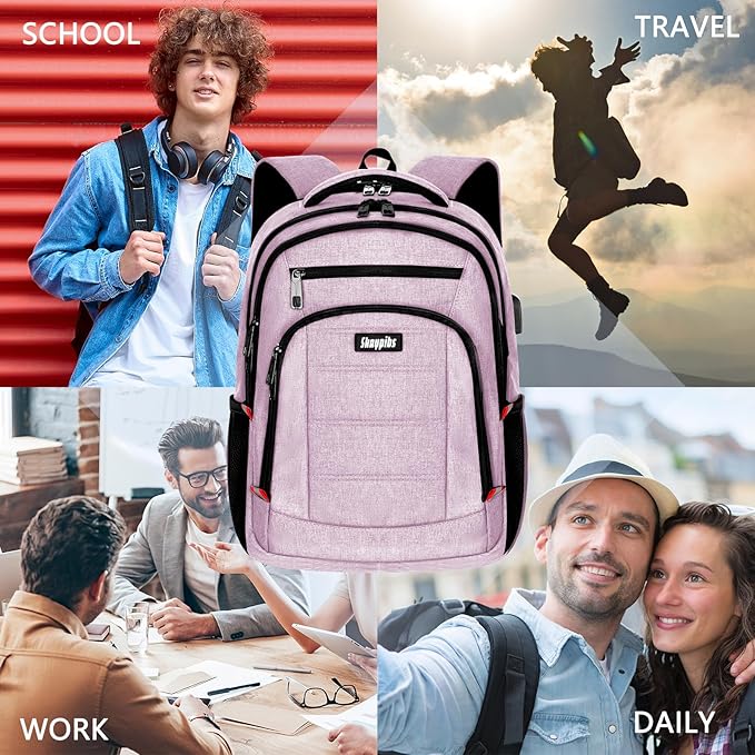 Pink Backpack for Women, School Backpacks for Girls Teen, Bookbag with USB Charging Port, College High School Backpack Fits 15.6 Inch Laptop, Casual Work Business Back Pack
