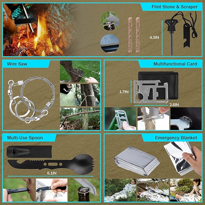 Survival Kit, Gifts for Christmas Men, Women, 251pcs Emergency Survival Gear and Supplies Equipment, First Aid Kit with Crossbody Bag, Camping Essentials for Earthquake, Hiking, Outdoor Adventure