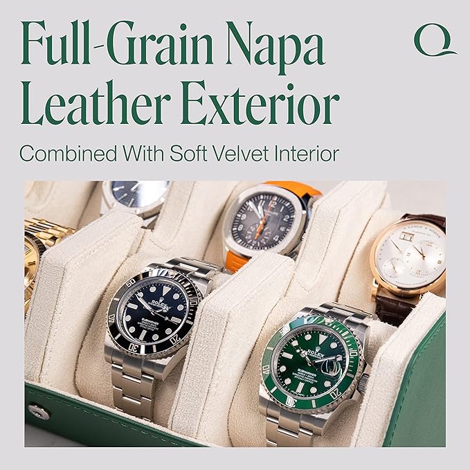 Napa Leather Watch Case for Men - Watch Roll Storage Organizer & Watch Display - Six Slot Luxury Watch Box for Home or Travel - Mens 6 Watch Holder Case (Green Cream)