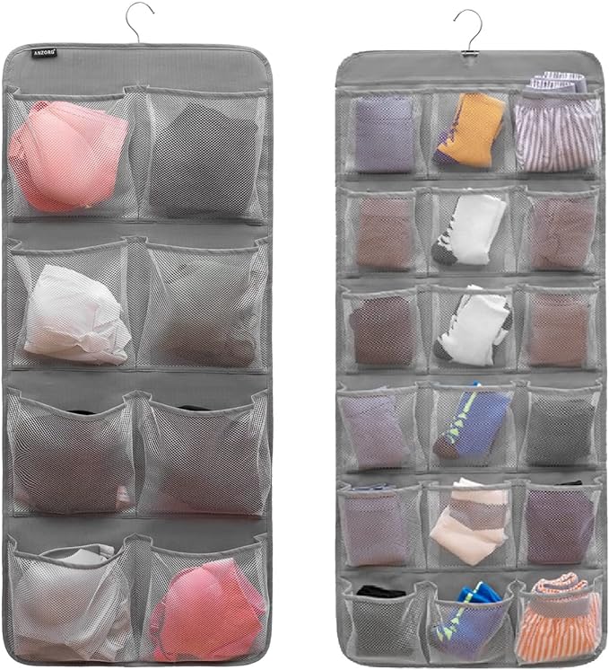 Dual-Sided Hanging Closet Organizer for Socks Underwear Bra Kids Storage Organizer for Baby Clothes Toddler Shoes with 26 Pockets (Grey-Mesh Pockets)