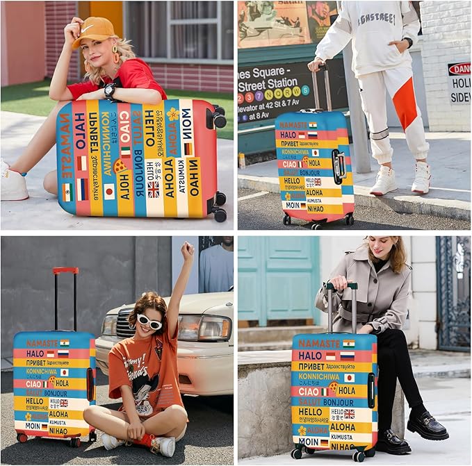 ANNA QUEEN Funny Multilingual Greetings Luggage Cover, Suitcase Protector with Hello in 15+ Languages, Stretchable, Washable Travel Cover for 32-34 Inch Luggage