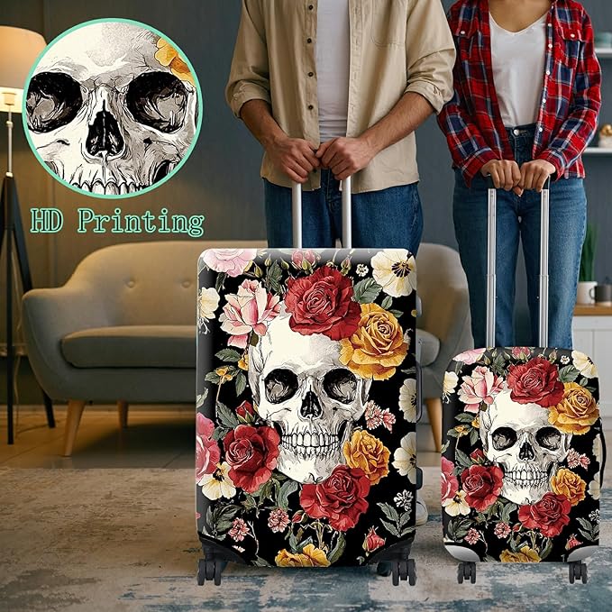 Luggage Cover Plus - Sugar Rose Skull Travel Suitcase Cover for 22-24 inch Luggage (M) with Concealed Zipper, Washable Elastic Cloth, Dustproof, Anti-Scratch