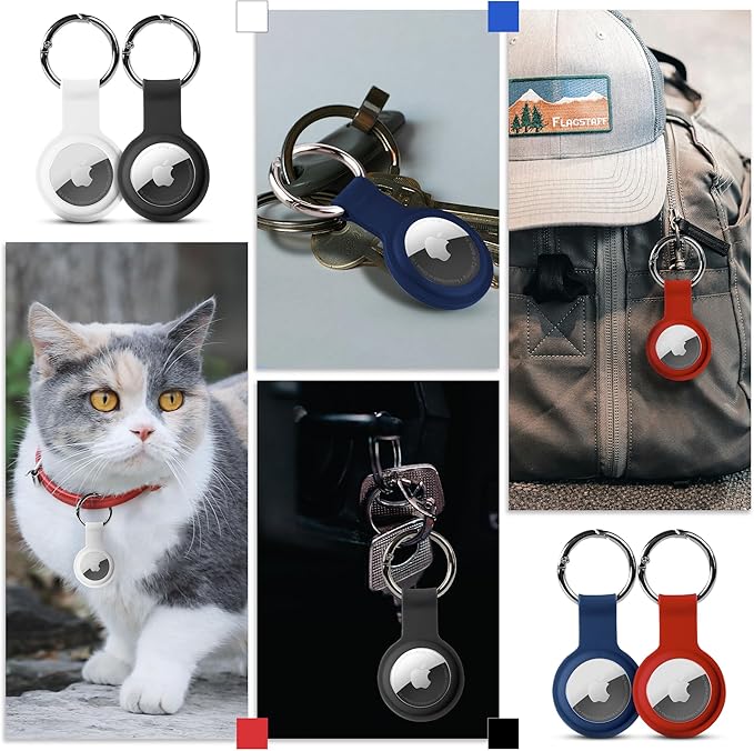 Apple AirTag 4 Pack Shockproof, Dustproof & Washable Cases, Silicon Holders with Accessories for Wallets, Luggage, Pet Collars, Key Finders (White - Black - Blue - Red)