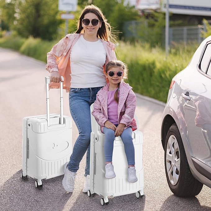 Carry on Luggage with Seat for Kids Expandable Ride on Suitcase with Spinner Wheels and Locks for Travel (20 Inch,White)