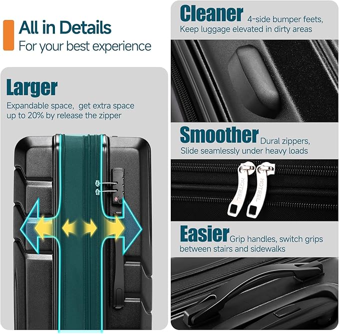 Hoteel Luggage Sets 5 Piece, ABS+PC Hard Shell Expandable Suitcases with Wheels, TSA Aproved Lock and Carry on Bags, Travel Suit Case Set for Men and Women, (5-Piece, Black)