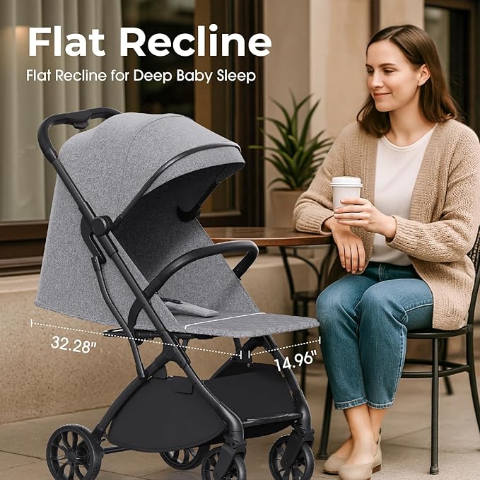 Compact Travel Stroller for Toddlers, Lightweight & Airplane Ready Stroller for Baby/Infant w Telescoping Handle and Cup Holder, One-Hand Quick Fold, Near Flat Recline Seat, TR18, Grey