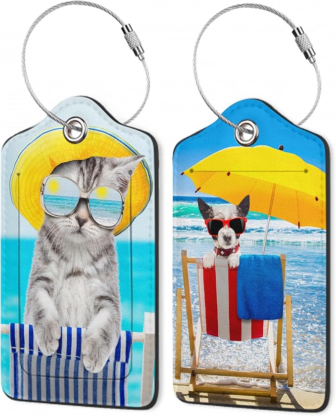 Luggage Tags for Suitcase,Cat Dog Sunglasses Beach Luggage Tags of Set 2 Leather Identifiers Privacy Cover with Stainless Steel Loop for Women Men Travel Bag Suitcase