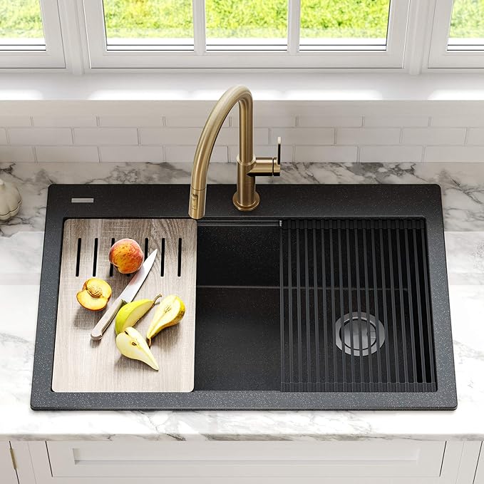 KRAUS Bellucci Workstation 33" Single Bowl Granite Kitchen Sink in Metallic Black w/Accessories, KGTW2-33MBL, Includes Dish Drainer/Dish Drying Rack