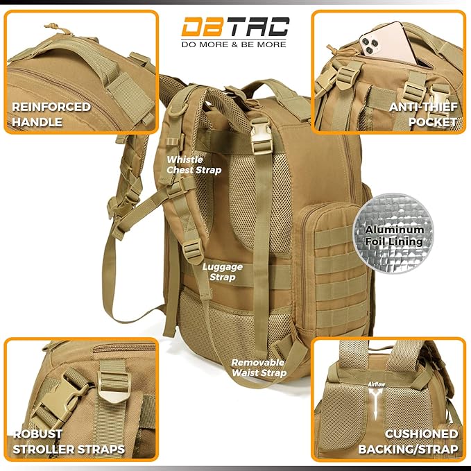 Diaper Bag Backpack for Dad, DBTAC Large Baby Nappy Bag for Men w/Changing Mat, Insulated+Wipe Pockets, Stroller Straps, Tan