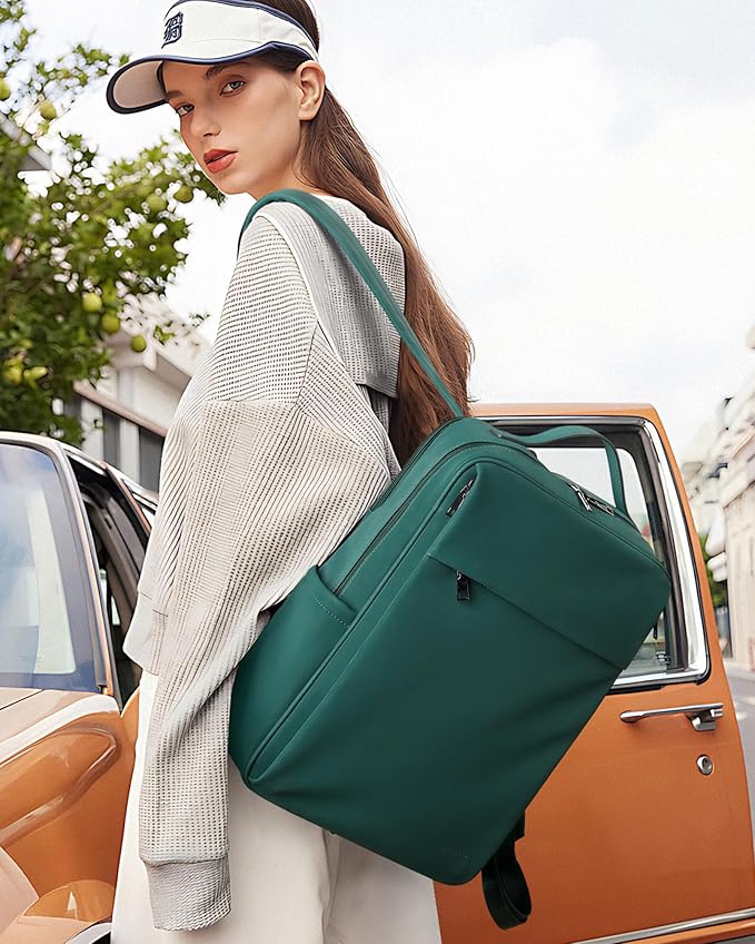 MASINTOR 15.6 inch PU Leather Laptop Backpack Purse for Women, Large College Casual Backpack Travel Bag Retro Green
