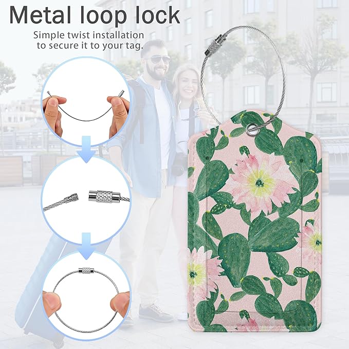 Luggage Tags for Suitcase,Watercolor Cactus Flowers Luggage Tags of Set 2 Leather Identifiers Privacy Cover with Stainless Steel Loop for Women Men Travel Bag Suitcase