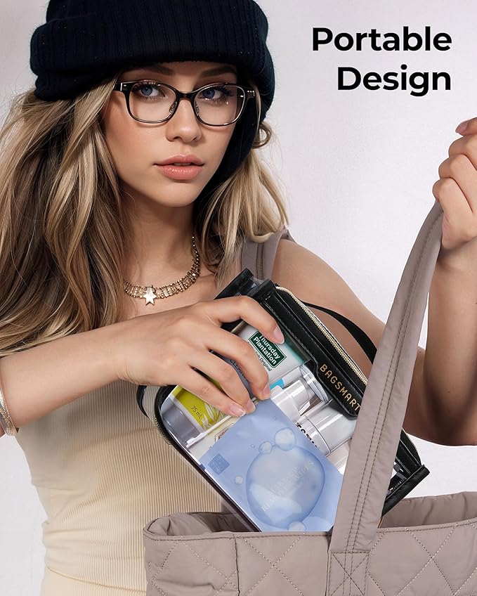 BAGSMART Clear Makeup Bag, TSA Approved Toiletry Bag, Makeup Cosmetic Pouch Bag for Women Quart Size Compliant Bag Organizer for Travel Essentials (Khaki,Pack of 1)