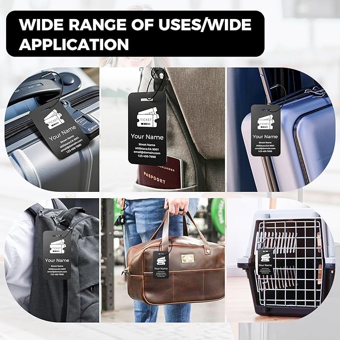 Personalized Luggage Tags, Custom Luggage Tags 4 Pack TSA Approved Double Sided Laser Engraving, Metal Luggage Tag for Suitcases with Stainless Loops, Name Tag for Bags, Backpacks (Black)