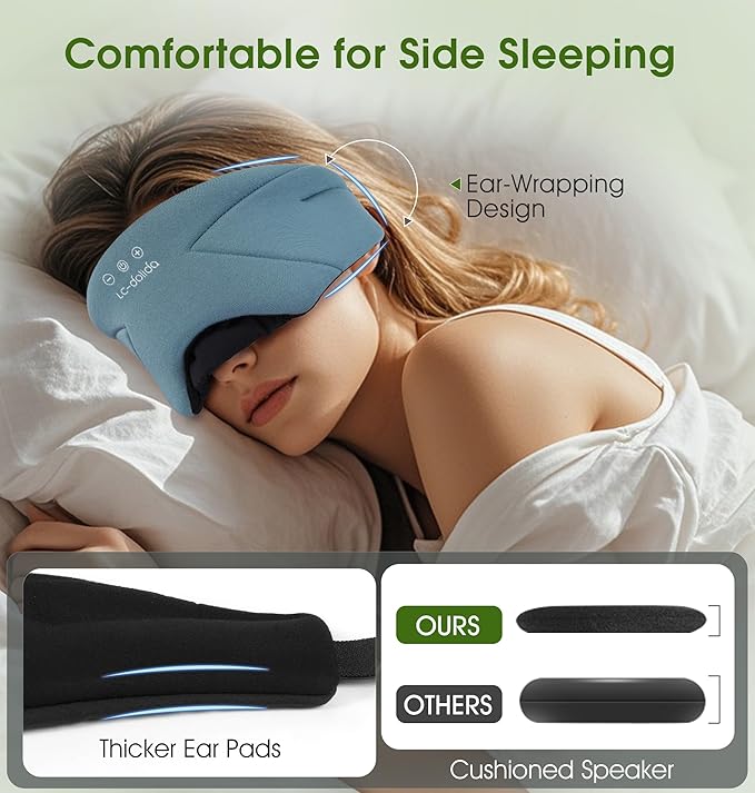 Sleep Mask with Headphones Bluetooth 5.4, LC-dolida Wireless Music Eye Mask for Sleeping Headphones with Soft Bamboo Cotton Cooling Breathable,Ultra-Thin Stereo Speaker for Side Sleepers-Ash Blue