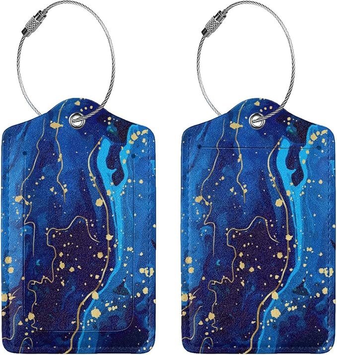 Blue and Gold Marble Luggage Tags with Full Back Privacy Cover Name ID Card Stainless Steel Loop Suitcase Labels Address Card PU Leather Baggage Tags Luggage for Women Men Travel