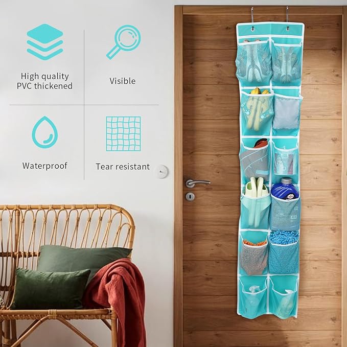 Over the Door Hanging Shoe Organizer, 12 Pockets, Turquoise
