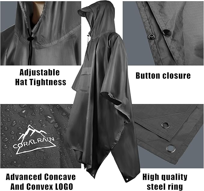 Coralrain Hooded Rain Poncho Lightweight Waterproof Unisex Raincoat Jacket with Pocket for Men Women Adult