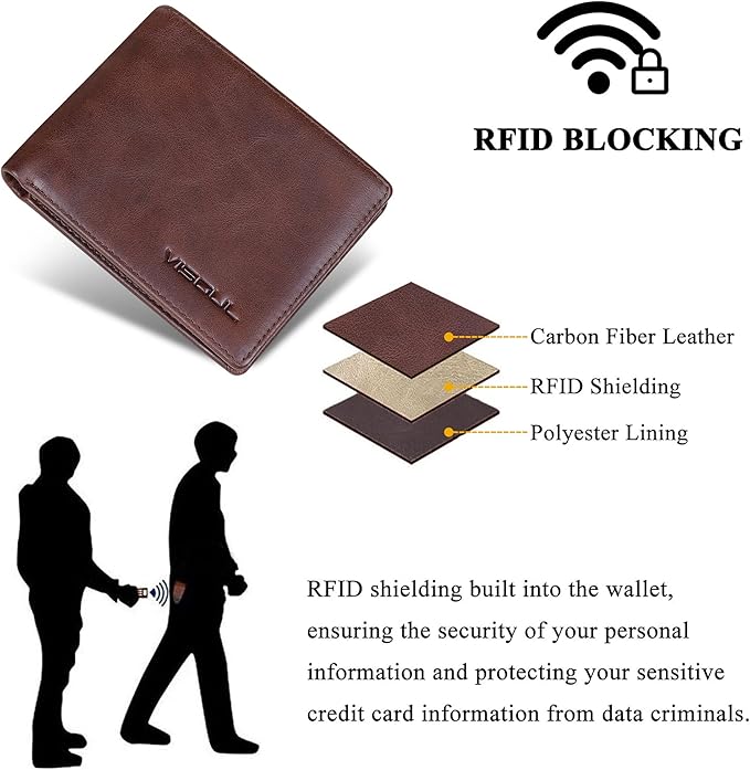 VISOUL Mens Bifold Leather RFID Blocking Wallet with 2 ID Windows, Soft Genuine Leather Card Holder Wallet with 2 Cash Compartments for Men (Coffee)