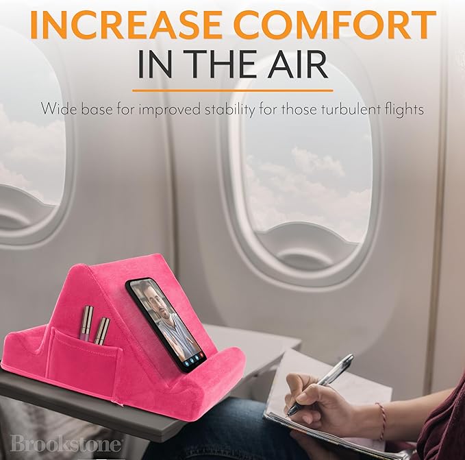 Brookstone, Memory Foam Lap Desk Tablet Holder, Holds Phones, iPads, E-Book Readers, 2 Viewing Angles, 2 Side Pockets for Accessories, Book Holder Cushion, Perfect Home, Car Travel, Flights, Pink