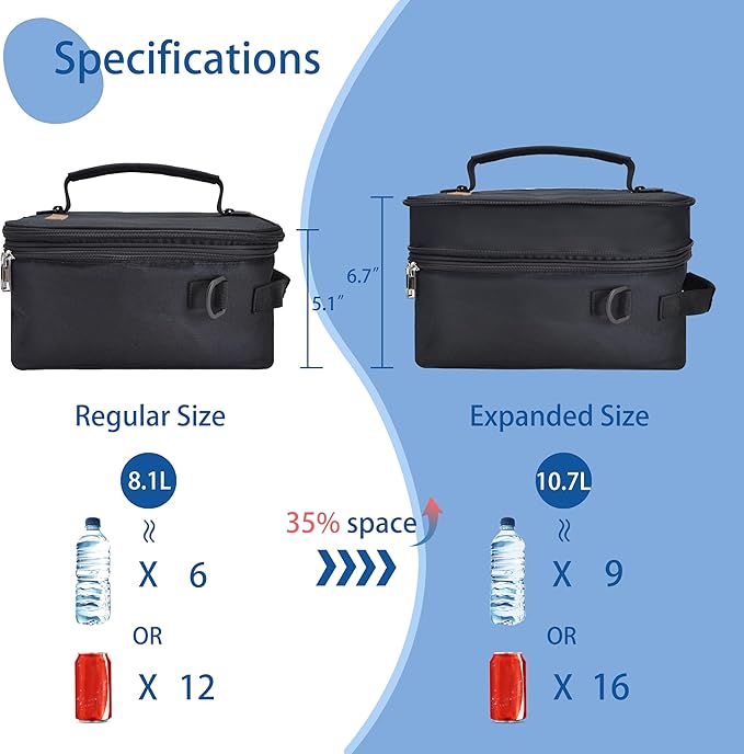 Expandable Lunch Bag for Men, (10.7L) Insulated Lunch Box, Portable Large Cooler Bag with Shoulder Straps for Men Women Adult for Work College Travel, Black