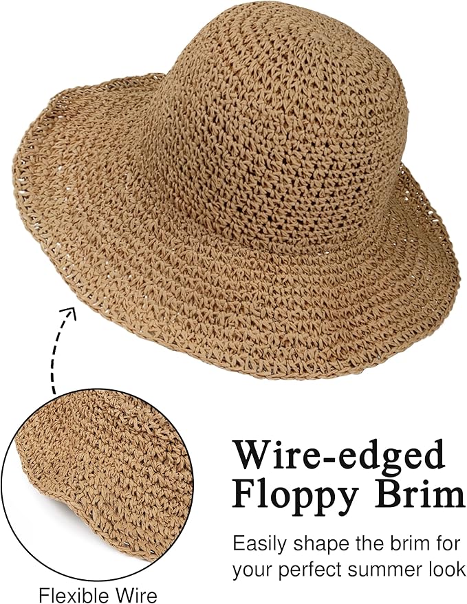 Womens Wide Brim Straw Sun Hat Foldable Floppy Crochet Beach Hat for Summer