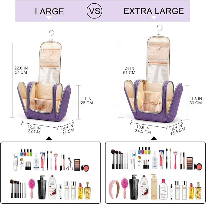 Extra Large Toiletry Bag for Women and Men, 6 Organizer Compartments, Holds Full Size Shampoo, with Hanging Hook Cosmetic Bag, Travel Makeup Bag, Bathroom Water-resistant Toiletries Bag, Purple