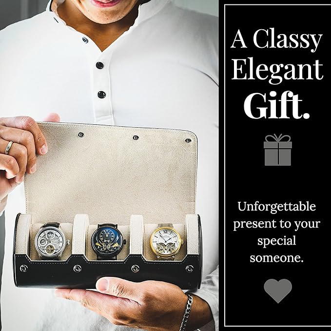Watch Roll Cases for Men - Watch Travel Case - Storage and Display 3 slots - Jade Black/Ivory White interior Vegan Leather