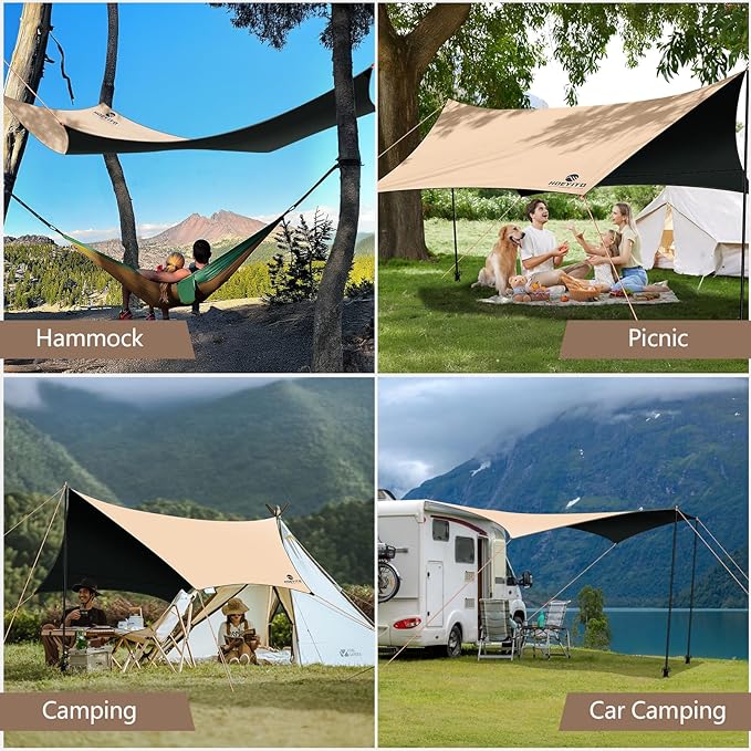 Camping Tarp with Poles & Retainer,15x12.5FT Large Waterproof 210D Oxford Cloth Camping Canopy, Anti-UV UPF100+ Tent Tarp Car Awning for Outdoor, Picnic, Hammock, Car, Backpacking (Khaki-Black)