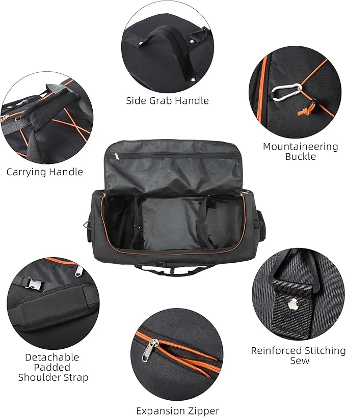 CONTAIL 32”110L Expandable 140L Rolling Duffle Bag with 2 Inline Wheels,Convertible Weekend Travel Bag with Bungee-Cord System,Black-orange