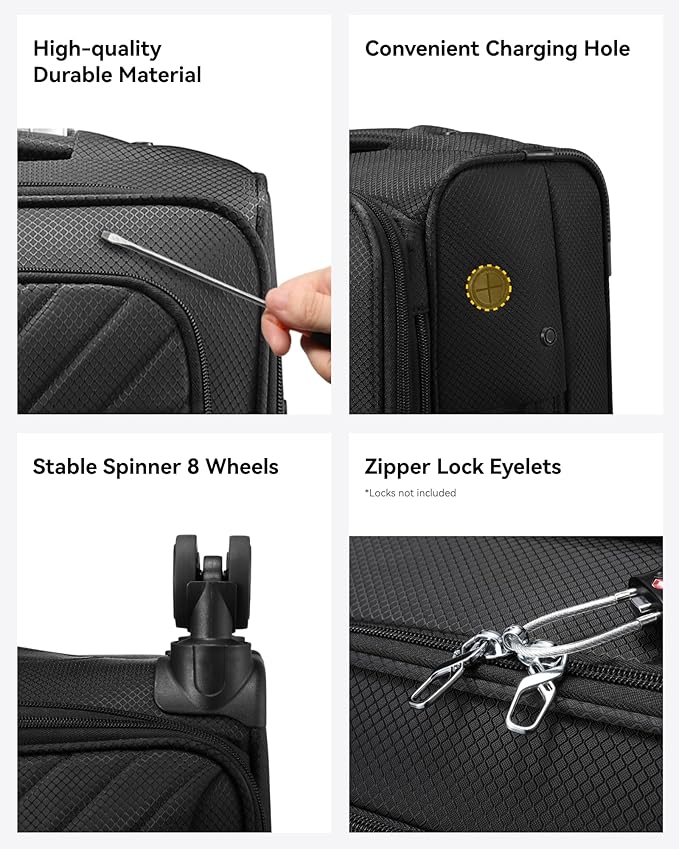 LUGGEX Carry On Luggage with Spinner Wheels - Stylish Lightweight Carry On Suitcase - Soft Sided 22x14x9 airline approved with Front Open Design for Travel, Business (Black, 20 Inch)